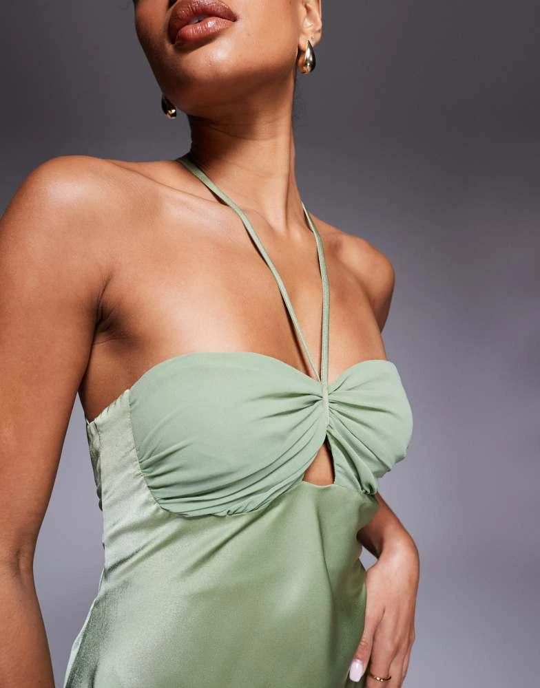 ASOS Design satin strappy halter maxi dress with contrast bust in sage green