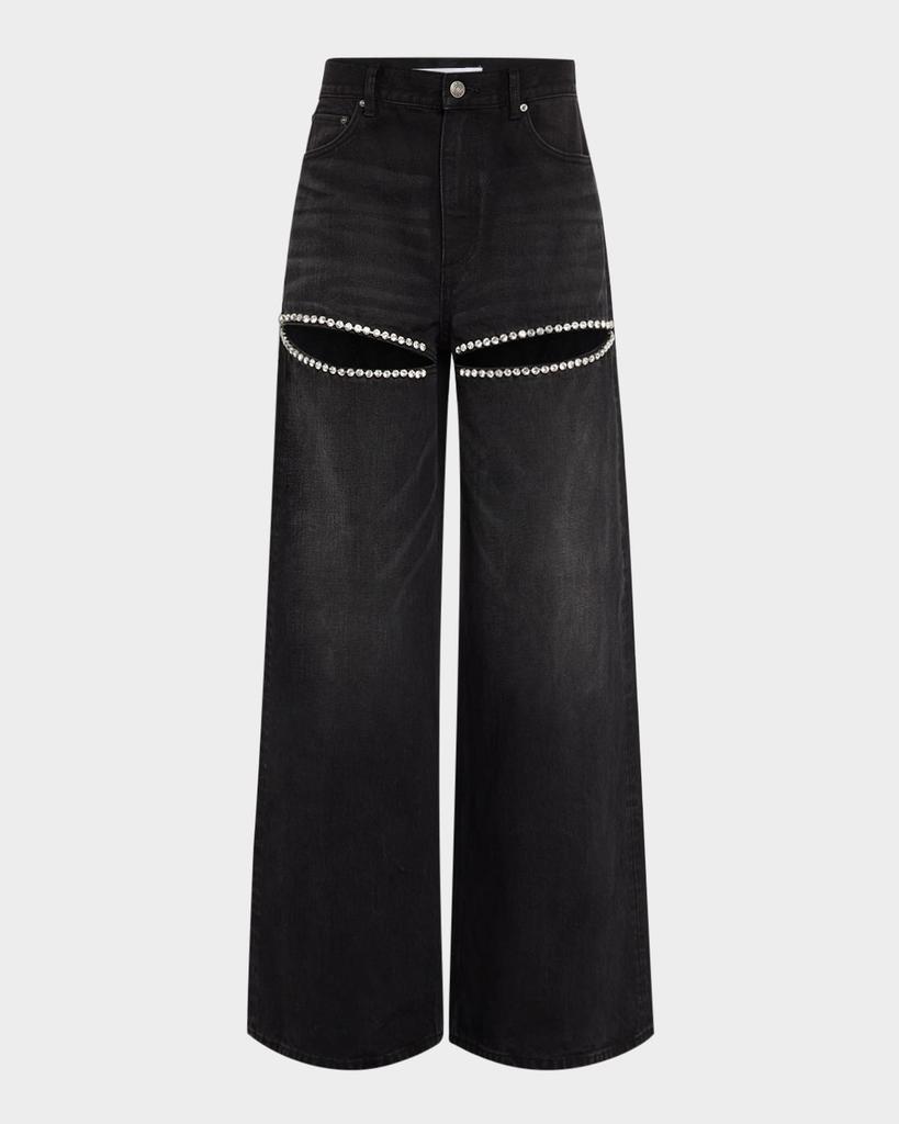 AREA Crystal Cutout Slit Straight Leg Jeans