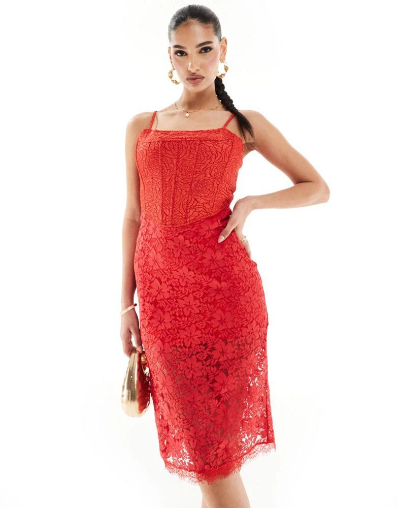Rare Rare London strappy corset lace midi dress in red 1