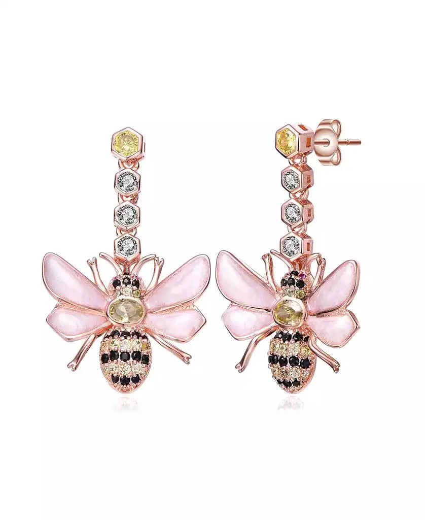 Genevive Sterling Silver 18K Rose Gold Plated Clear Cubic Zirconia Floral Drop Butterfly Earrings