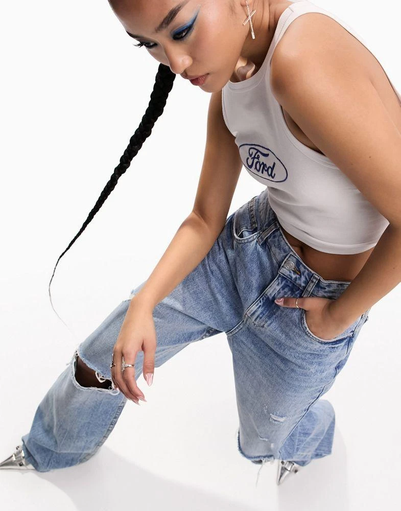 ASOS ASOS DESIGN wide leg dad jeans with rips in mid blue 5