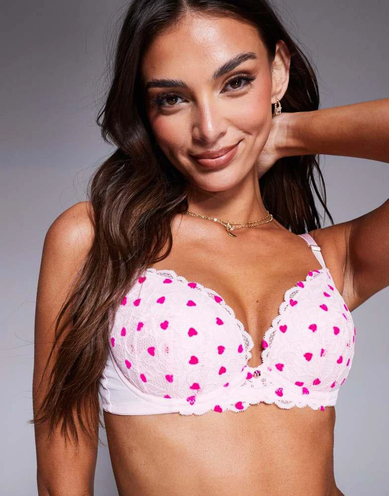 Ann Summers Ann Summer Sexy Lace flocked heart padded plunge bra in pink 3