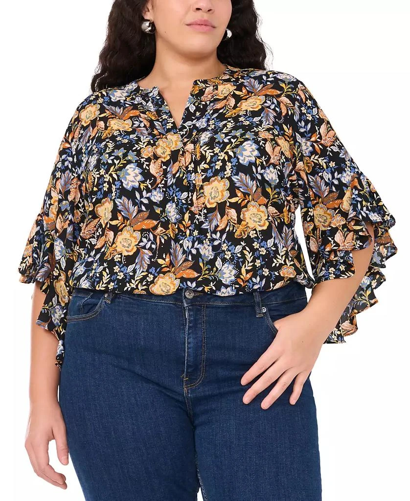 Vince Camuto Plus Size Floral Pintuck Flutter 3/4-Sleeve Henley Blouse 1