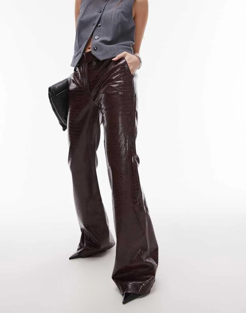 Mango Mango leather look croc flare trousers co-ord in burgundy 4