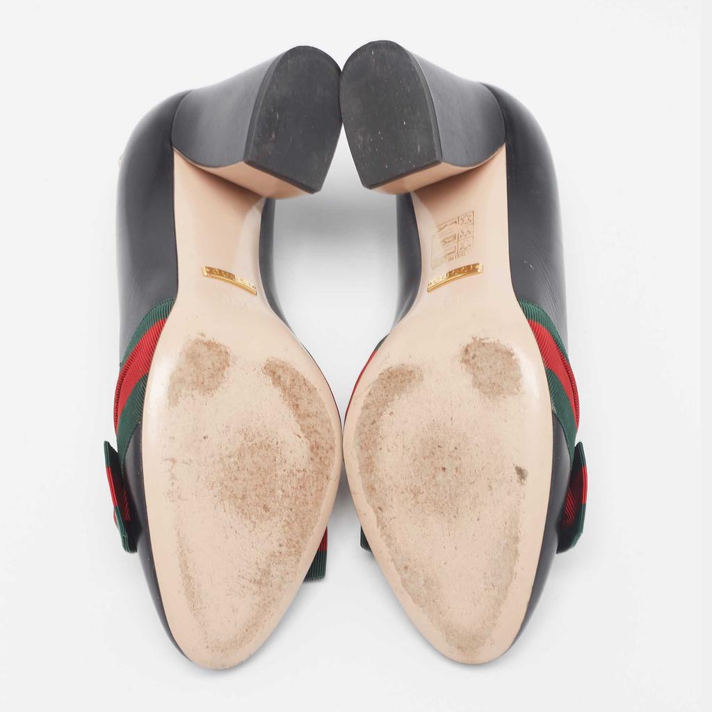 Gucci Gucci Black Leather Web Bow Block Heel Pumps 35.5