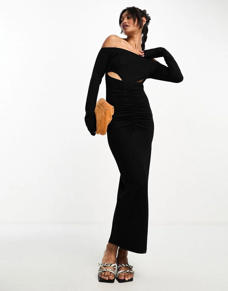 ASOS ASOS DESIGN bardot ruched front cut out long sleeve midi dress in black 1