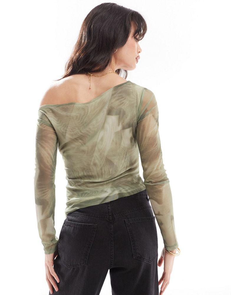 Pull&Bear Pull&Bear one shoulder mesh long sleeved top in green print