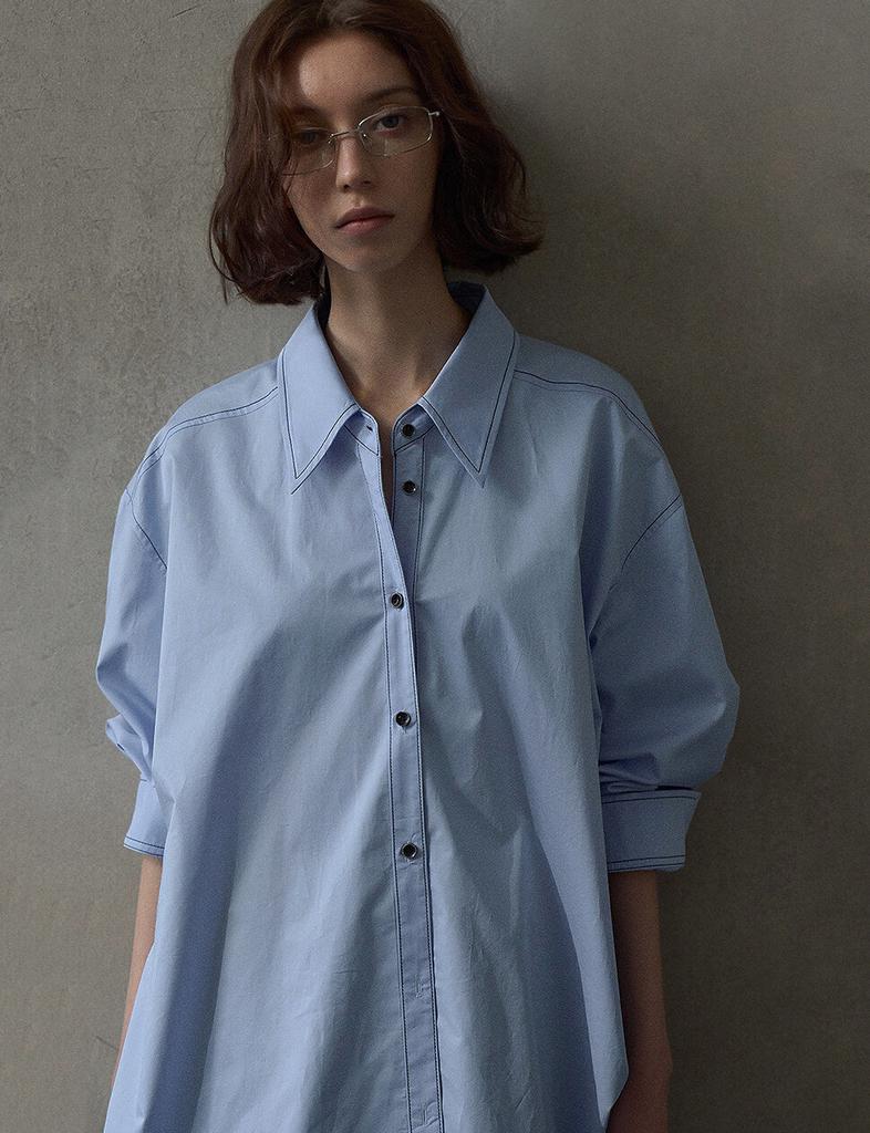 Pixie Market Blue Contrast Stitch Shirt-PREORDER