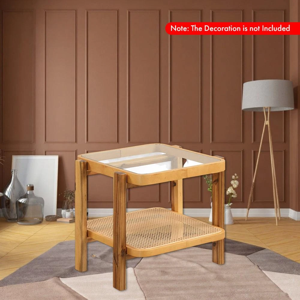 Hivvago Double-Layer Rattan End Table with Tempered Glass Top and Solid Acacia Frame 2