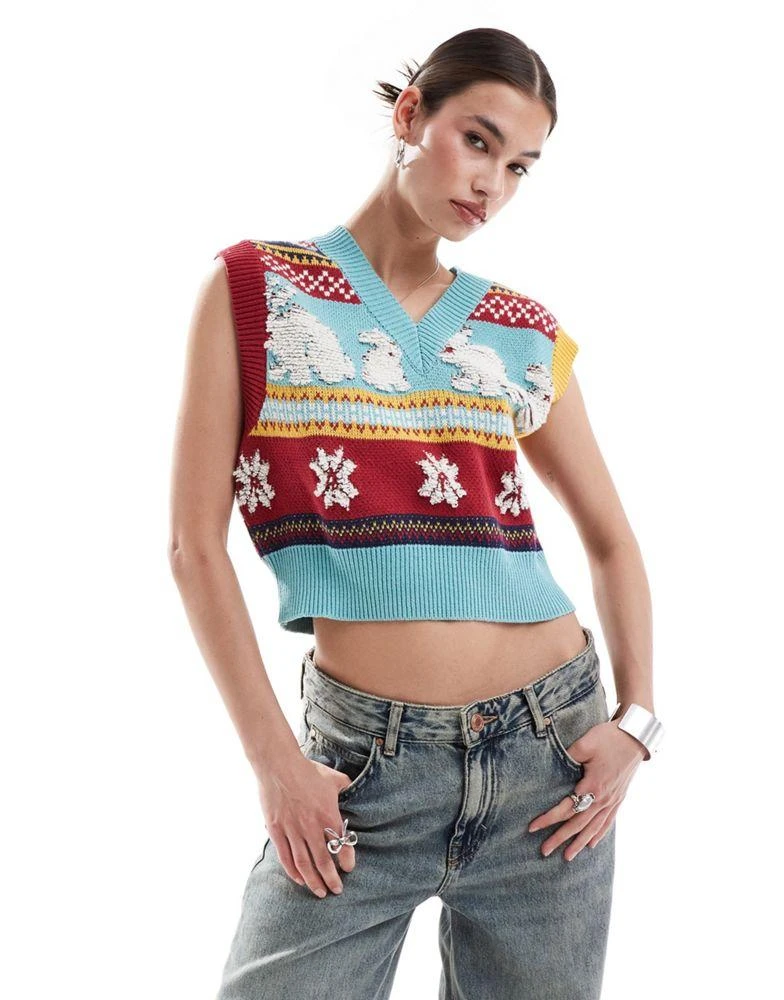Urban Revivo Urban Revivo v-neck rabbit intarsia knitted vest top in multi 1