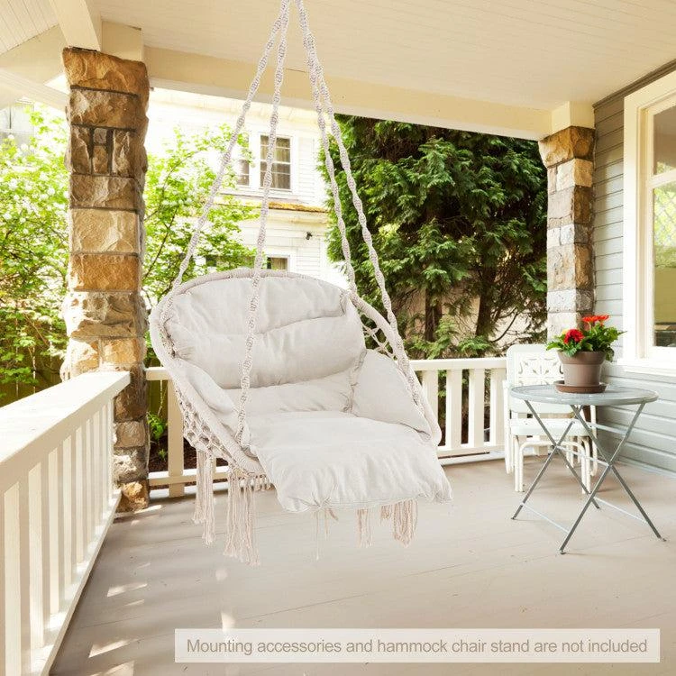 Hivvago Hammock Chair with Thick Cushion & Macrame Holds up to 330 LBS-Beige 5