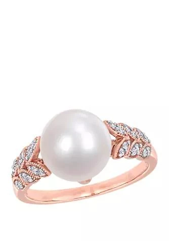 Belk 
Co. 9.5-10 Millimeter Cultured Freshwater Pearl and 1/6 ct. t.w. Diamond Leaf Ring in 10k Rose Gold