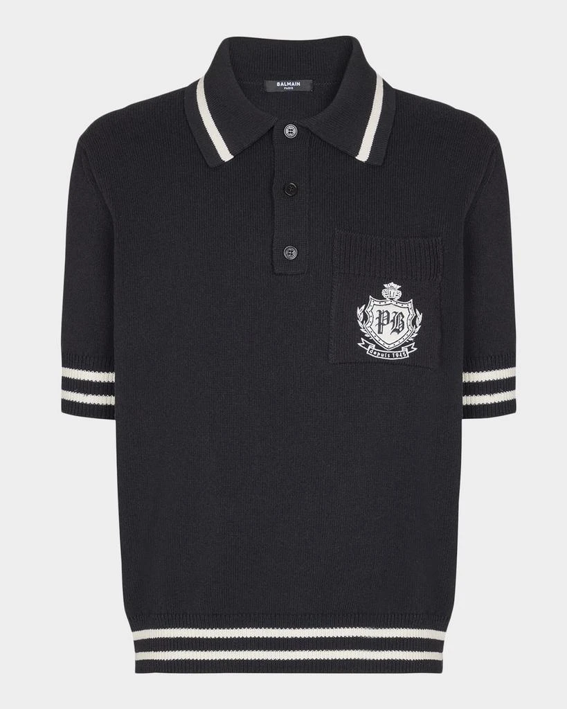 Balmain Men
s College Emblem Pocket Knit Polo Shirt 1