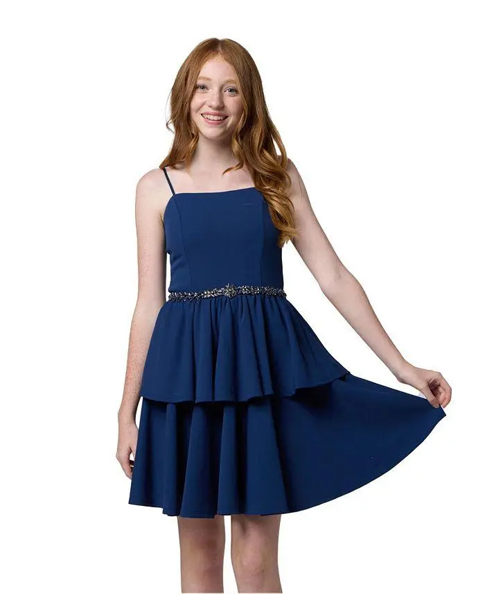 Un Deux Trois Girls' Tiered Dress with Rhinestone Belt - Big Kid
