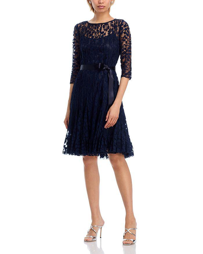 Teri Jon Leaf Lace Pintuck Dress