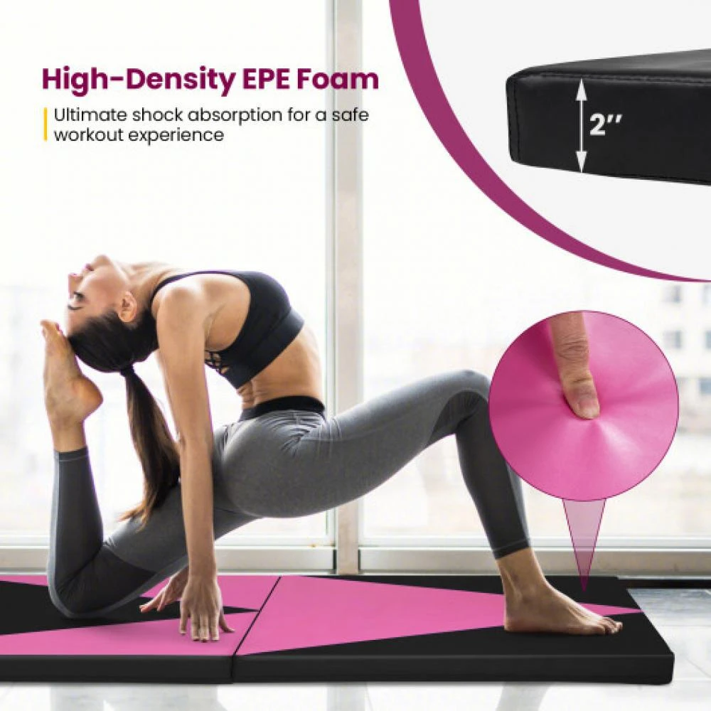 Hivvago 4-Panel PU Leather Folding Exercise Gym Mat with Hook and Loop Fasteners-Black & Pink 6