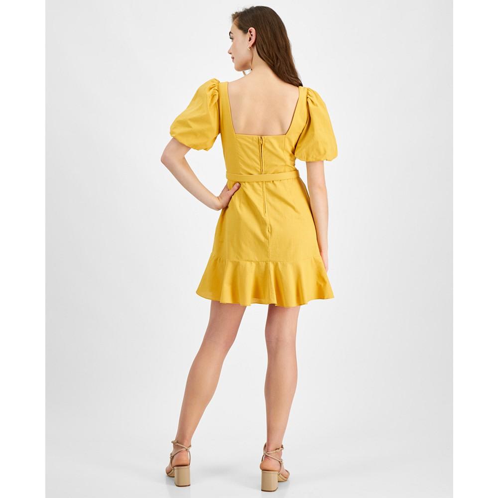 City Studios Juniors' Cotton Balloon-Sleeve Belted Mini Dress