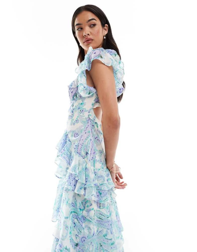 ASOS ASOS DESIGN ruffle dropped waist tiered maxi dress in blue floral print 2