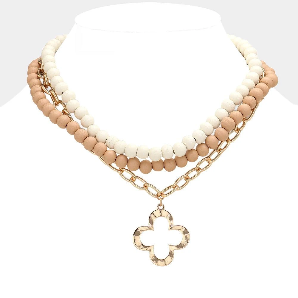 FASHNZFAB Open Quatrefoil Pendant Pointed Wood Metal Chain Layered Necklace