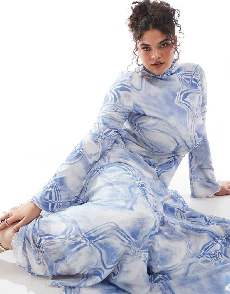 ASOS ASOS DESIGN Curve mesh high neck long sleeve a-line maxi dress in blue abstract print 3