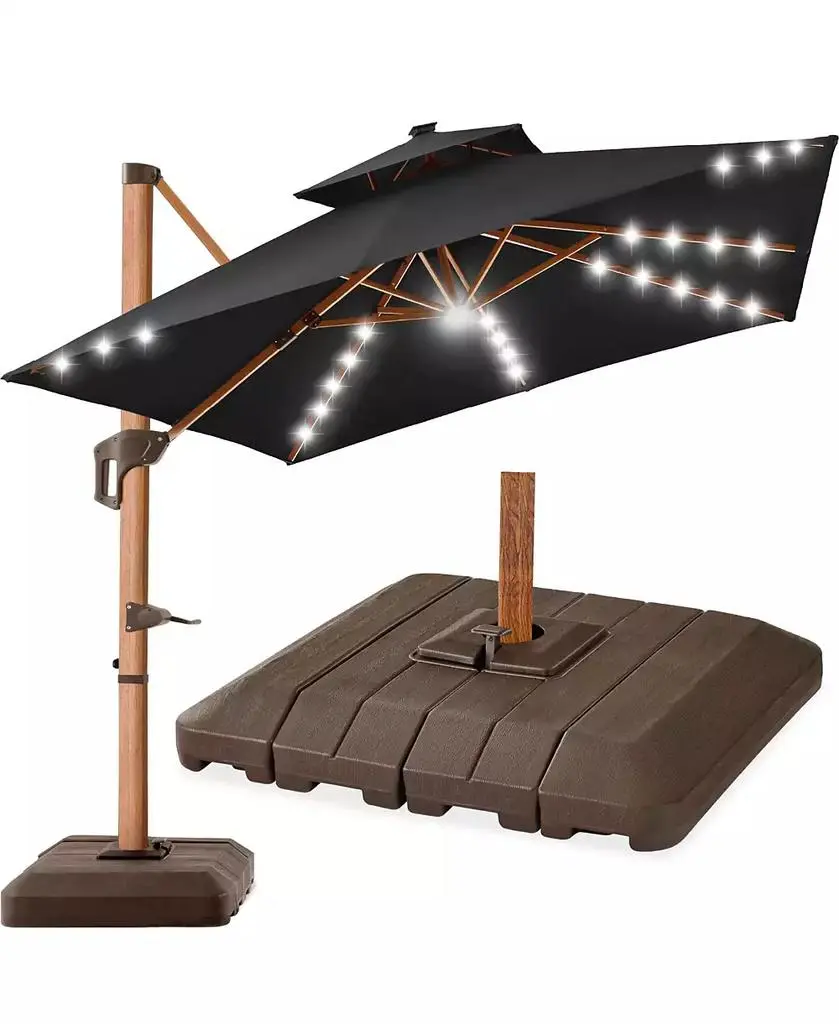Best Choice Products 10ft Square Woodgrain Pattern 2-Tier Outdoor Solar LED Cantilever Umbrella w/ Base