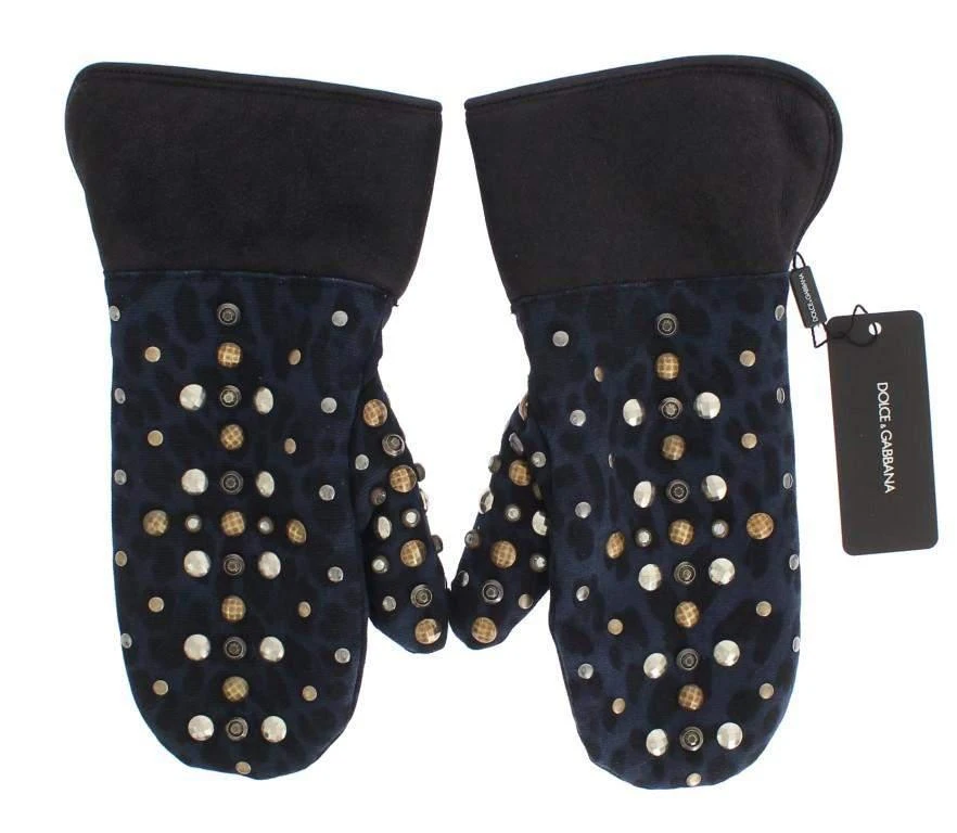 Dolce & Gabbana Dolce & Gabbana  Gray Wool Shearling Studded Blue Leopard Gloves 4