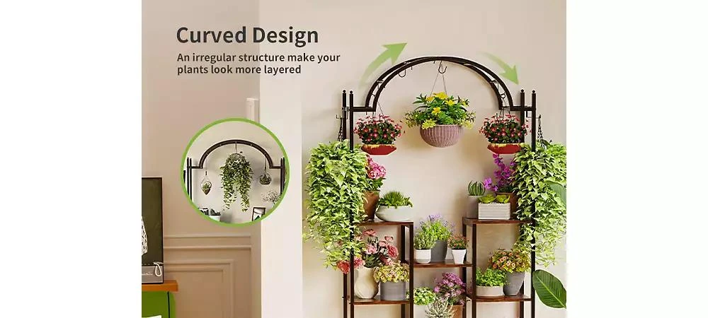 UNHO 5-Tier Tall Plant Stand Arched Metal Flower Display Holder Hanging Hooks 6