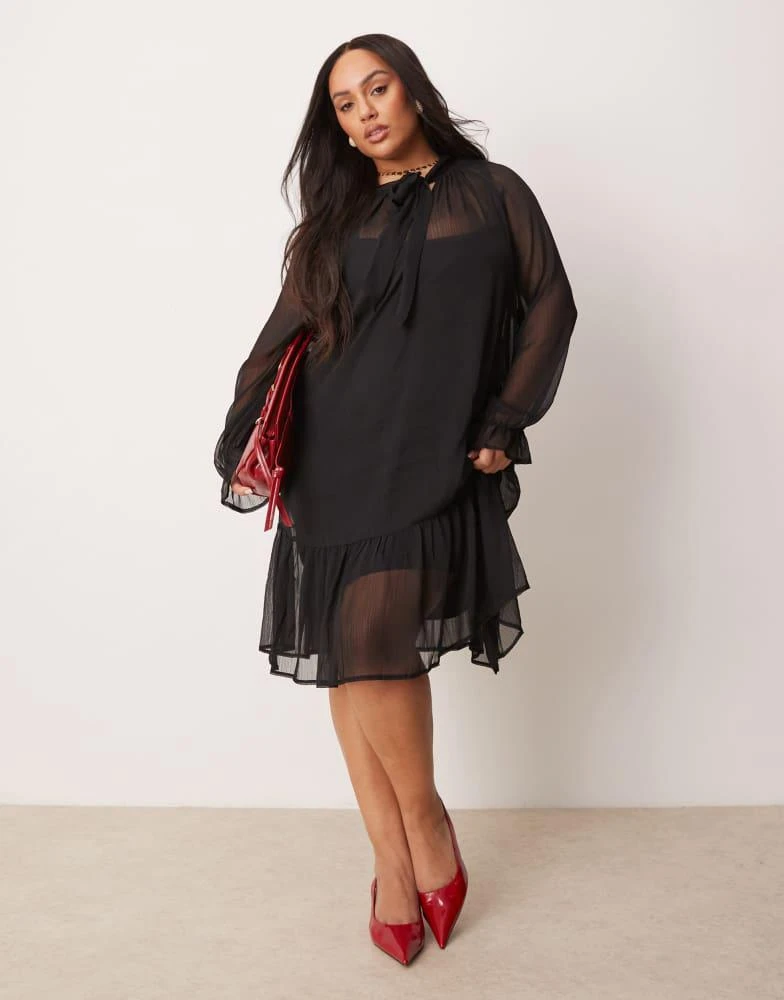 New Look Plus New Look Curve bow chiffon mini dress in black 1