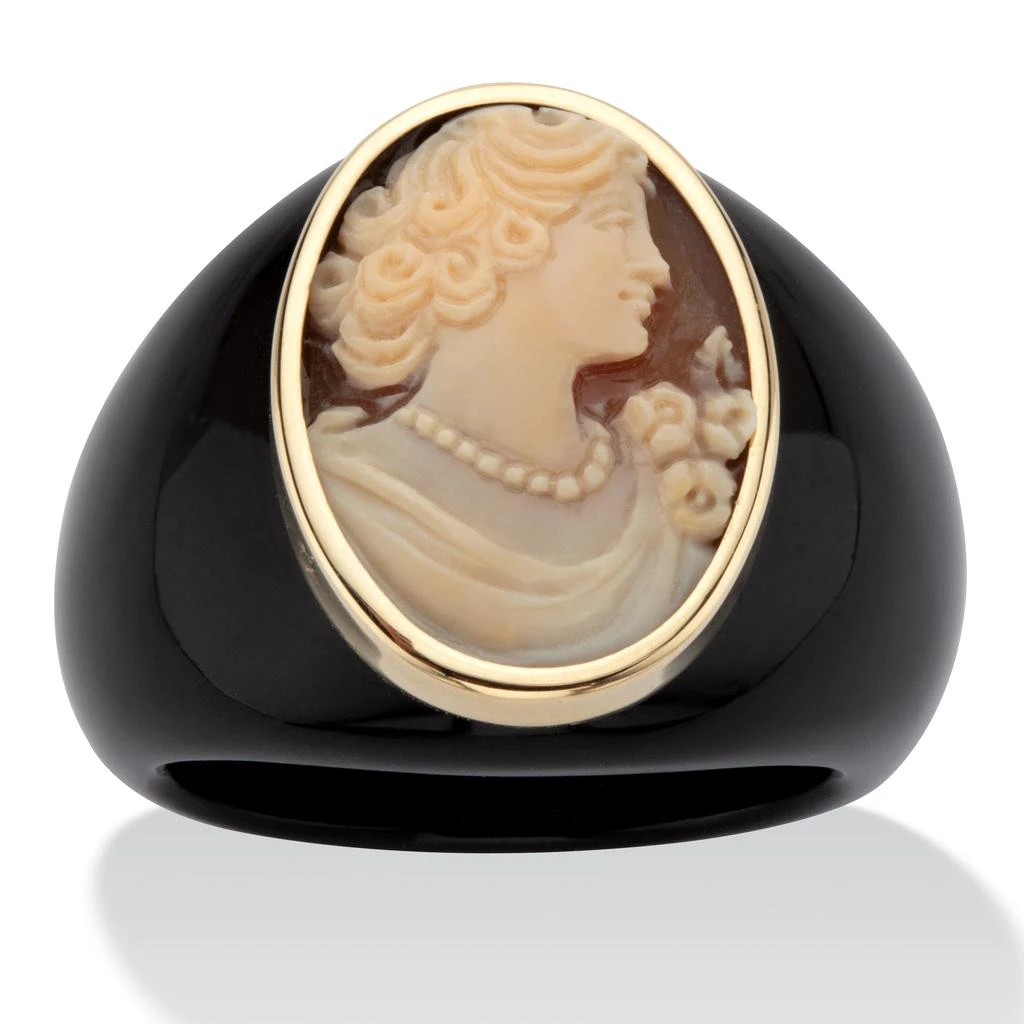 Palm Beach Jewelry Oval-Shaped Genuine Shell Cameo Genuine Onyx 10k Yellow Gold Classic Cameo Ring 1