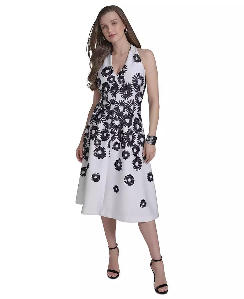 HALSTON Women's Halter V-Neck Flared Midi Dress