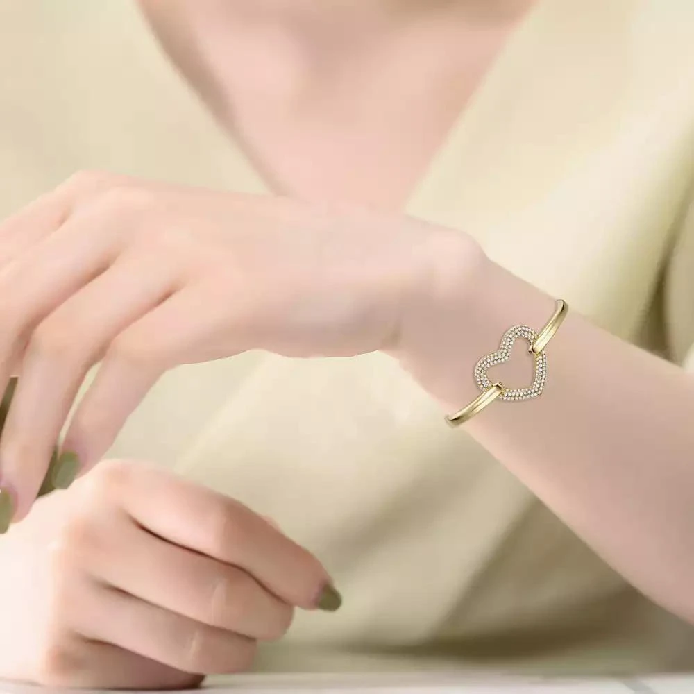 Rachel Glauber 14k Gold Plated Cubic Zirconia French Pave Heart Halo Stacking Bracelet 2