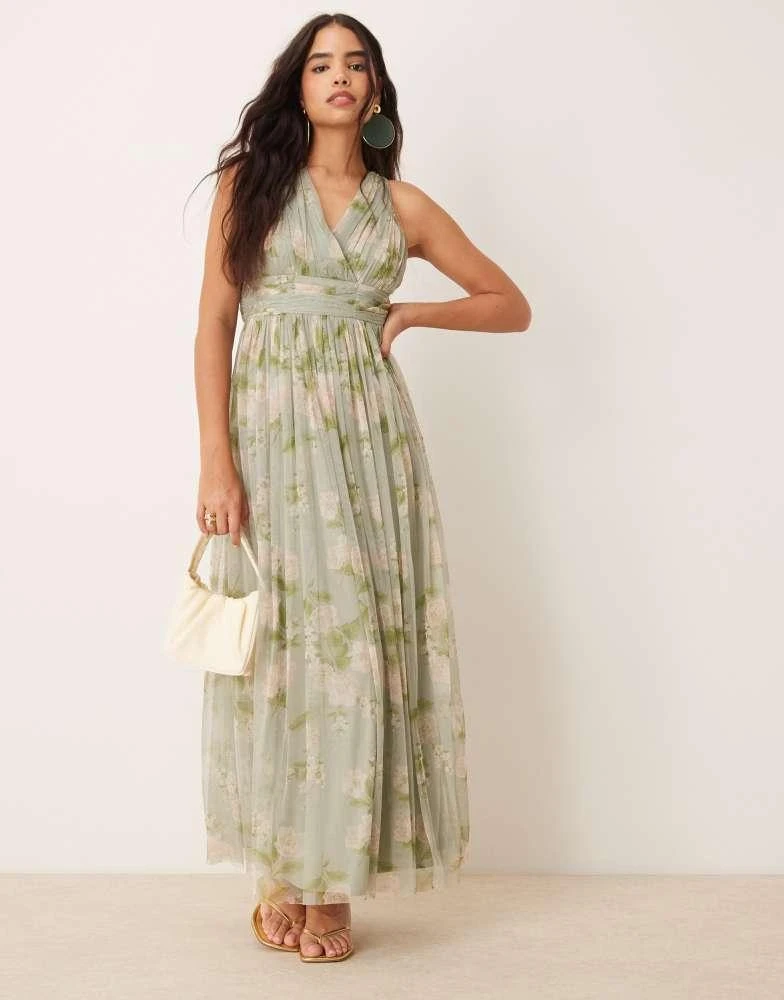 bohemian sage bridesmaid dress Zapaka Women Dusty Sage Bridesmaid Dress with Slit A Line Printed Floral Long Wedding Guest Dress, Dusty Sage / UK28 main image 0