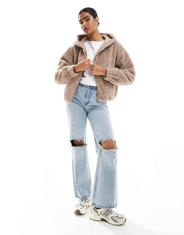 HOLLISTER Hollister fuzzy zip up hoodie jacket in dark beige 1