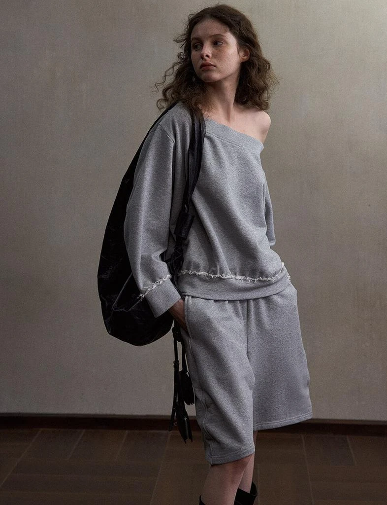 Pixie Market Grey Off-Shoulder Oversized Sweatshirt-PREORDER