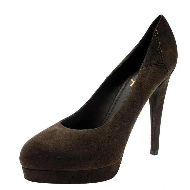 Yves Saint Laurent Saint Laurent Paris Olive Green Suede Platform Pumps 38 1