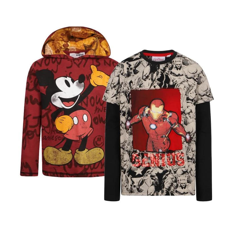 Desigual Mickey mouse print hoodie and iron man long sleeved t shirt set in red black and beige 1
