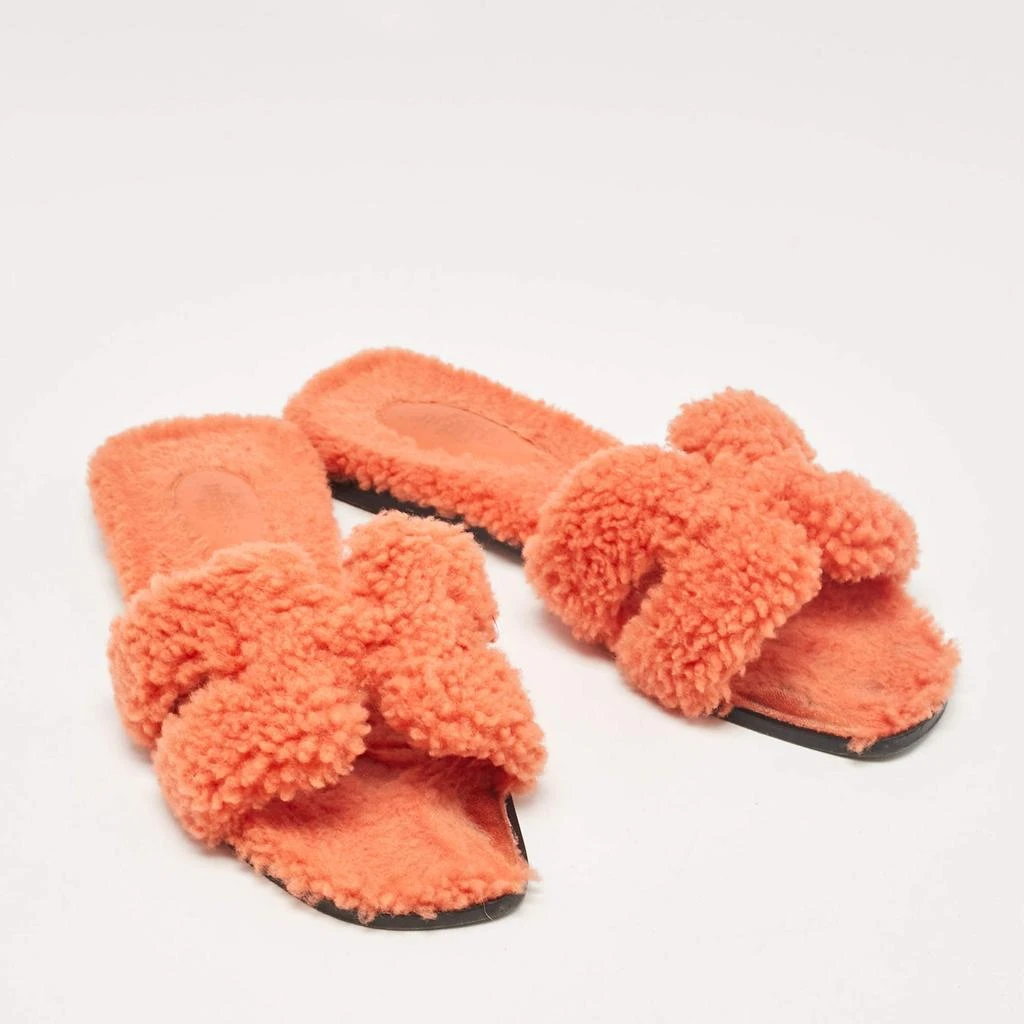 Hermes Hermes Orange Shearling Fur Oran Flat Slides Size 37 5