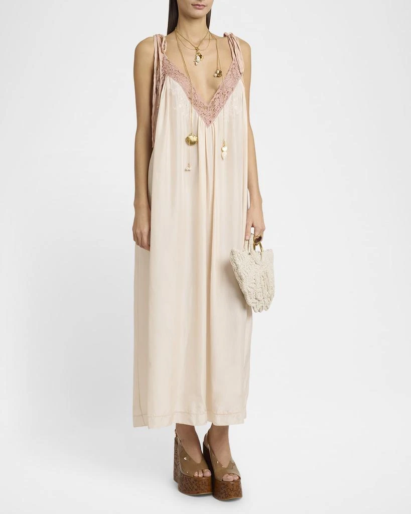 Chloé Long Lace-Trim Silk Slip Dress 2