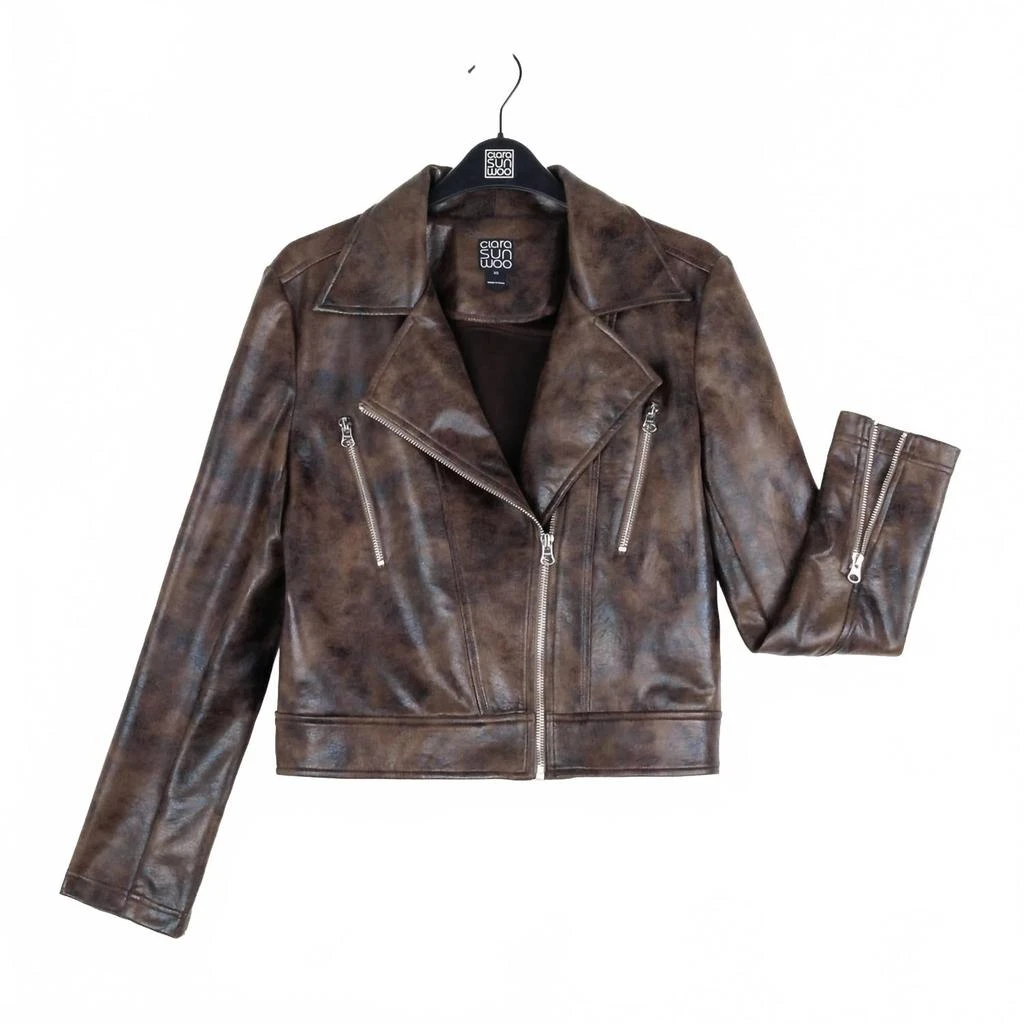 CLARA SUNWOO Vegan Leather Distressed Zip Cuff Moto Waist Jacket In Distressed-Brown 5