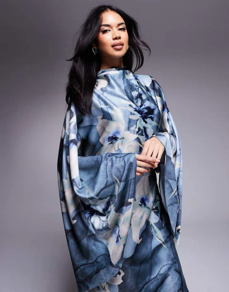 ASOS ASOS DESIGN funnel neck satin maxi dress with exaggerated sleeves in blue floral print 4