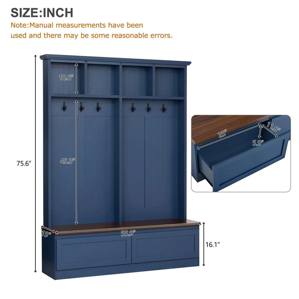 Streamdale Furniture Streamdale Farmhouse 4-in-1 Hall Tree with Wood Grain Bench, Coat Rack, 2 Drawers, Blue, 55.9"W 3