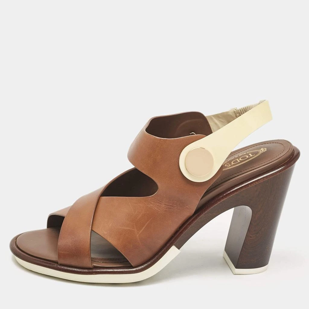 Tod's Tod's Brown/White Leather Block Heel Slingback Sandals Size 40 1