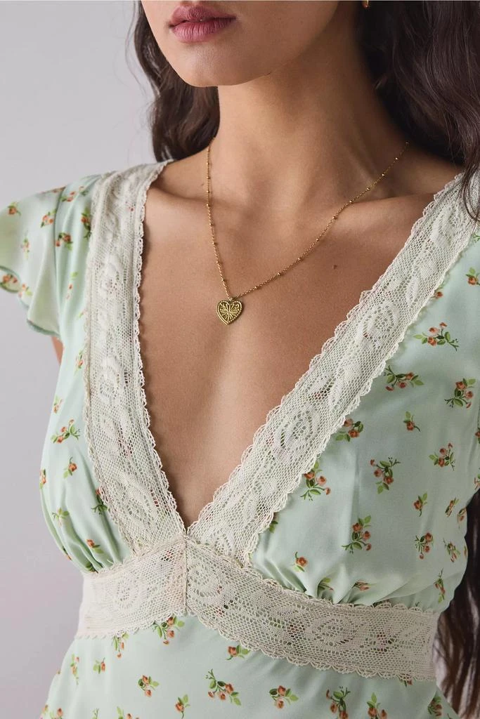 Kiss The Sky Kiss The Sky Green Floral Satin V-Neck Lace Trim Mini Dress 3