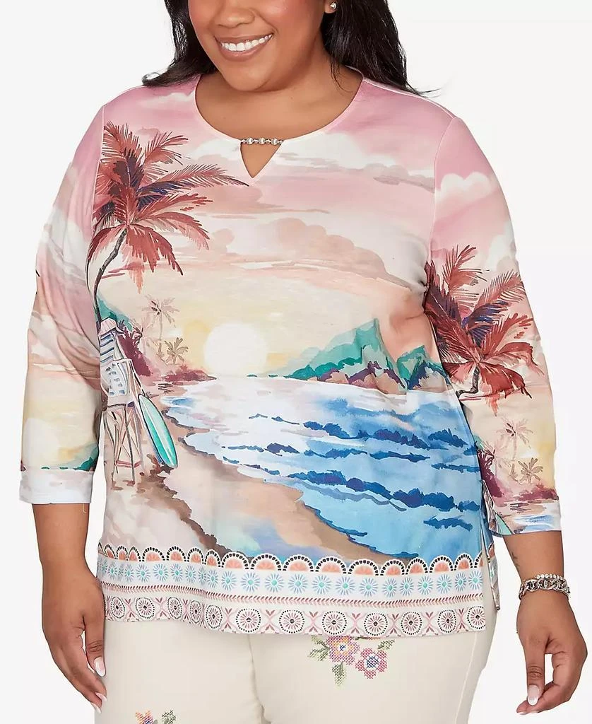 Alfred Dunner Plus Size Beachcomber Sunset Beach Scenic Split Neck Top 2