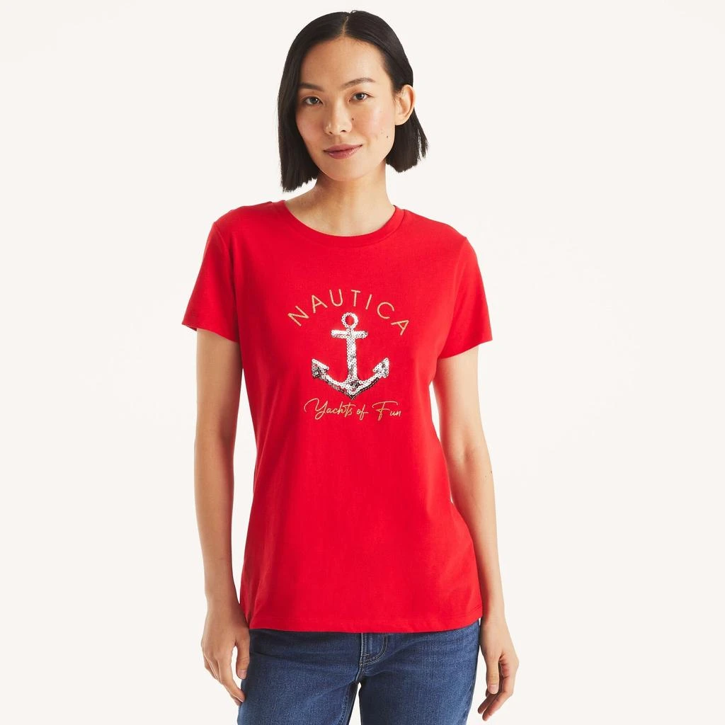 Nautica Womens Glitter Anchor Yachts Of Fun Graphic T-Shirt 1