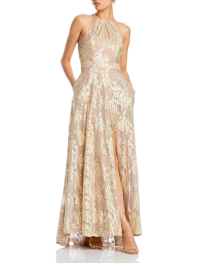 AQUA Foil Knit Metallic Halter Gown - Exclusive 1