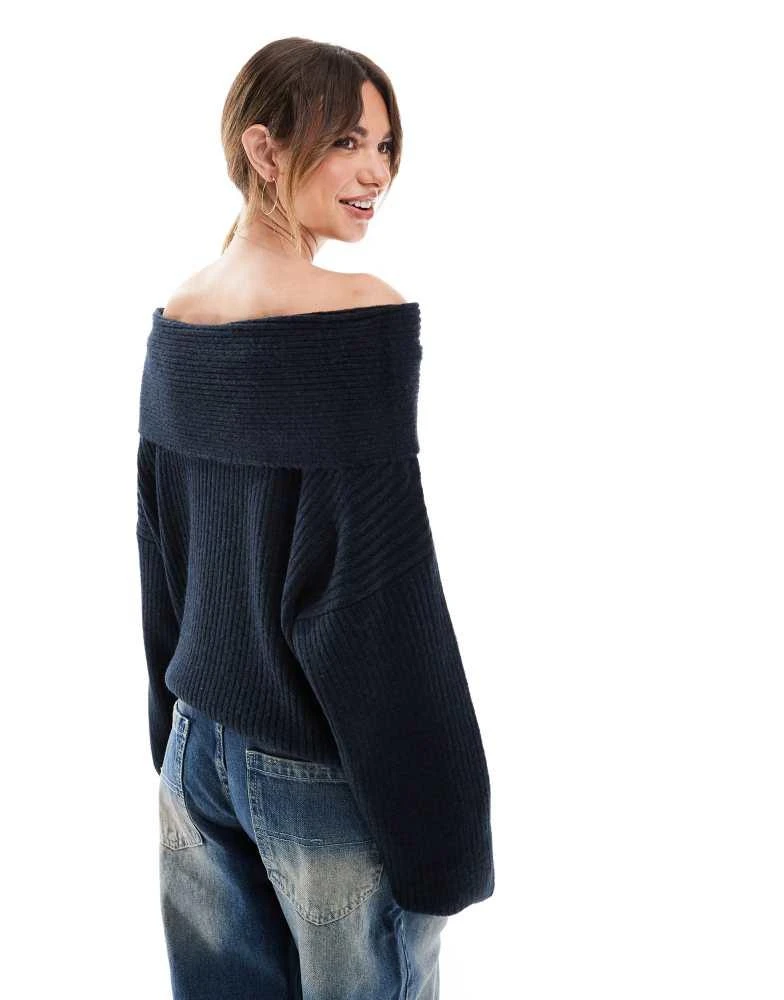 ASOS ASOS DESIGN oversized knitted off shoulder jumper in navy 3