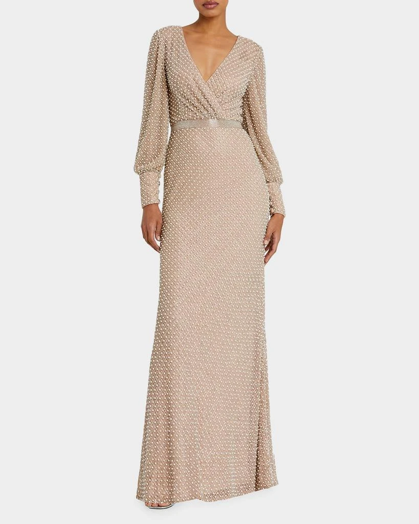 Mac Duggal Pearl-Embellished Long-Sleeve Gown