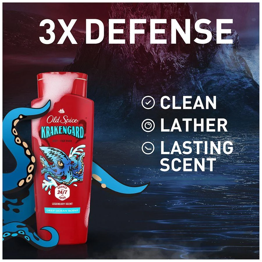 Old Spice Cleansing Body Wash for Men, 24/7 Shower Clean with Lasting Scent Rich Lather, Krakengard, Deep Ocean Scent, 3