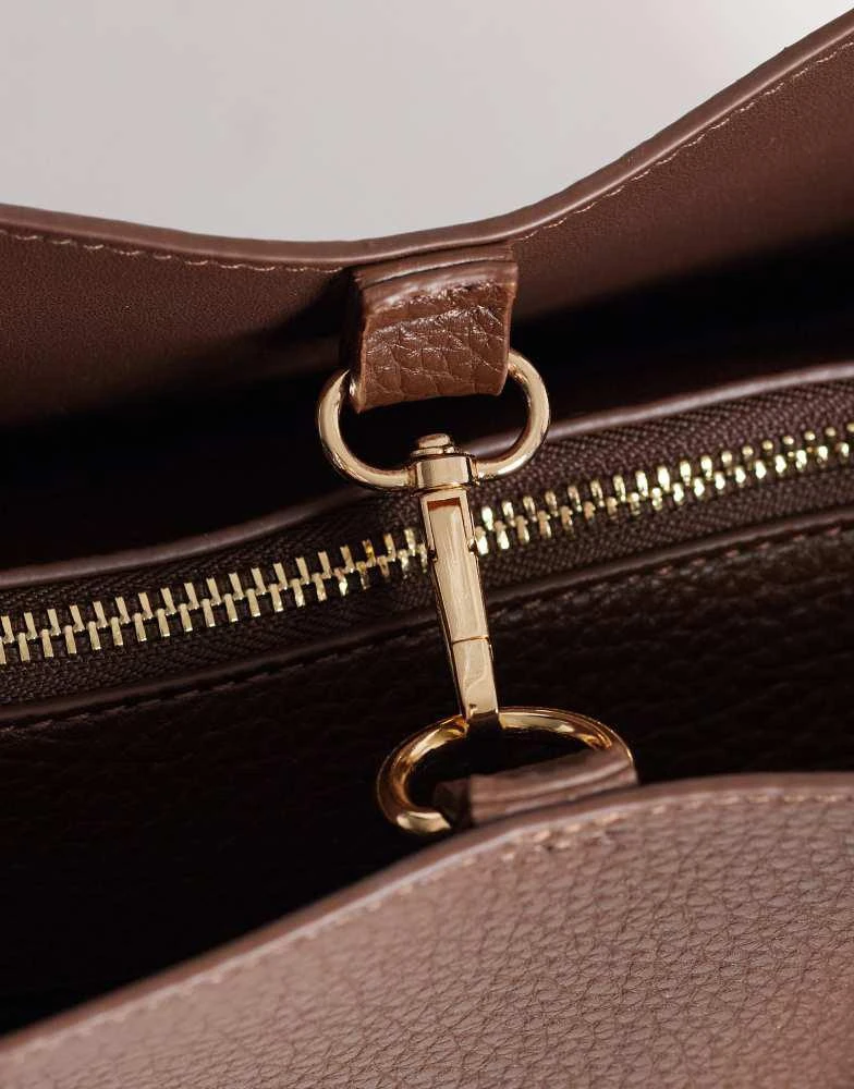 ASOS ASOS DESIGN textured multi compartment tote bag with detachable bag charm in chocolate 3